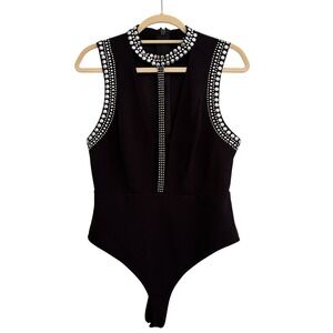 WOW Couture Bodysuit Black with Silver Details Open Chest Zip Back Size Large